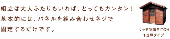 組立は大人ふたりもいれば、とってもカンタン！基本的には、パネルを組み合わせネジで固定するだけです。