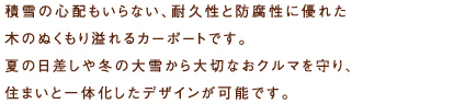 積雪の心配もいらない、耐久性と防腐性に優れた木のぬくもり溢れるカーポートです。夏の日差しや冬の大雪から大切なおクルマを守り、住まいと一体化したデザインが可能です。